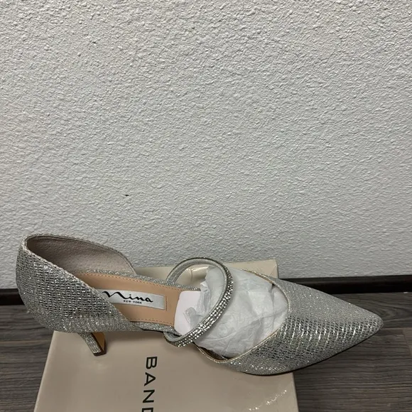 NINA BRYSTOL SILVER GLITTER MESH WITH CRYSTAL BAND MID-HEEL D'ORSAY PUMPS