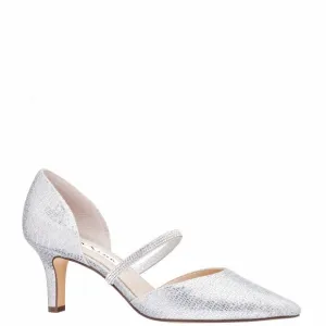 NINA BRYSTOL SILVER GLITTER MESH WITH CRYSTAL BAND MID-HEEL D'ORSAY PUMPS