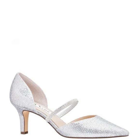 NINA BRYSTOL SILVER GLITTER MESH WITH CRYSTAL BAND MID-HEEL D'ORSAY PUMPS
