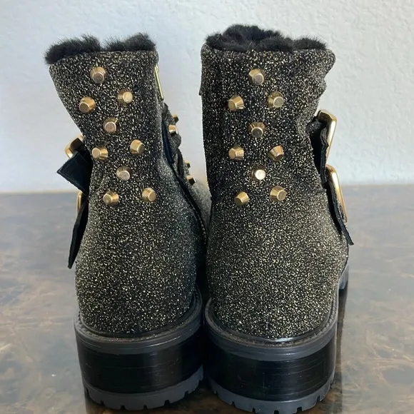 NWOT Ross &amp; Snow Stefana Gold Glitter Black Leather Ankle Combat Boots Size 8