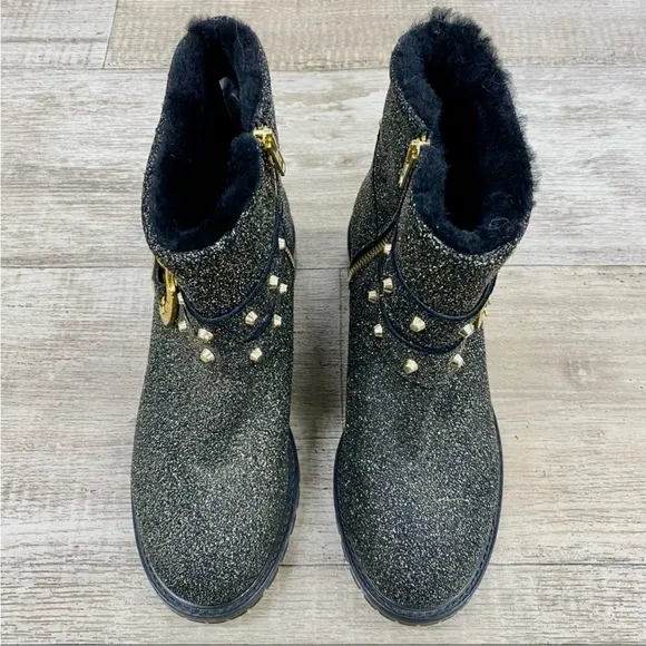 NWOT Ross &amp; Snow Stefana Gold Glitter Black Leather Ankle Combat Boots Size 8