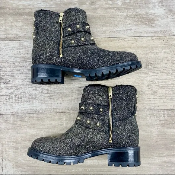 NWOT Ross &amp; Snow Stefana Gold Glitter Black Leather Ankle Combat Boots Size 8