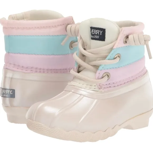 NWT Girls Sperry Saltwater Ankle Boots, Pastel, iridescent, Size 6