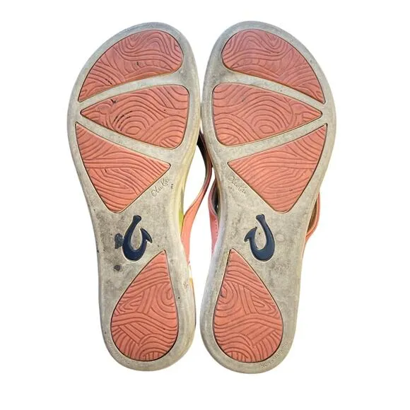 OluKai Ho‘ōpio Hau Beach Sandals Slip On Shell Coral Pineapple Womens Size 10‎