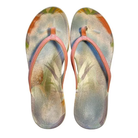 OluKai Ho‘ōpio Hau Beach Sandals Slip On Shell Coral Pineapple Womens Size 10‎