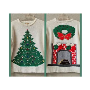 One of a Kind Handmade Christmas Tree Sweater Front Back Hearth Stockings MED