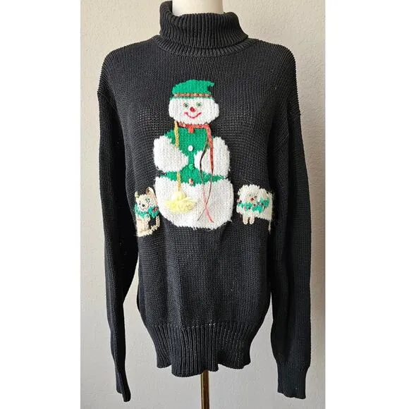 ONE OF A KIND Handmade Christmas Turtleneck Sweater Front Back Snowman Sm Med