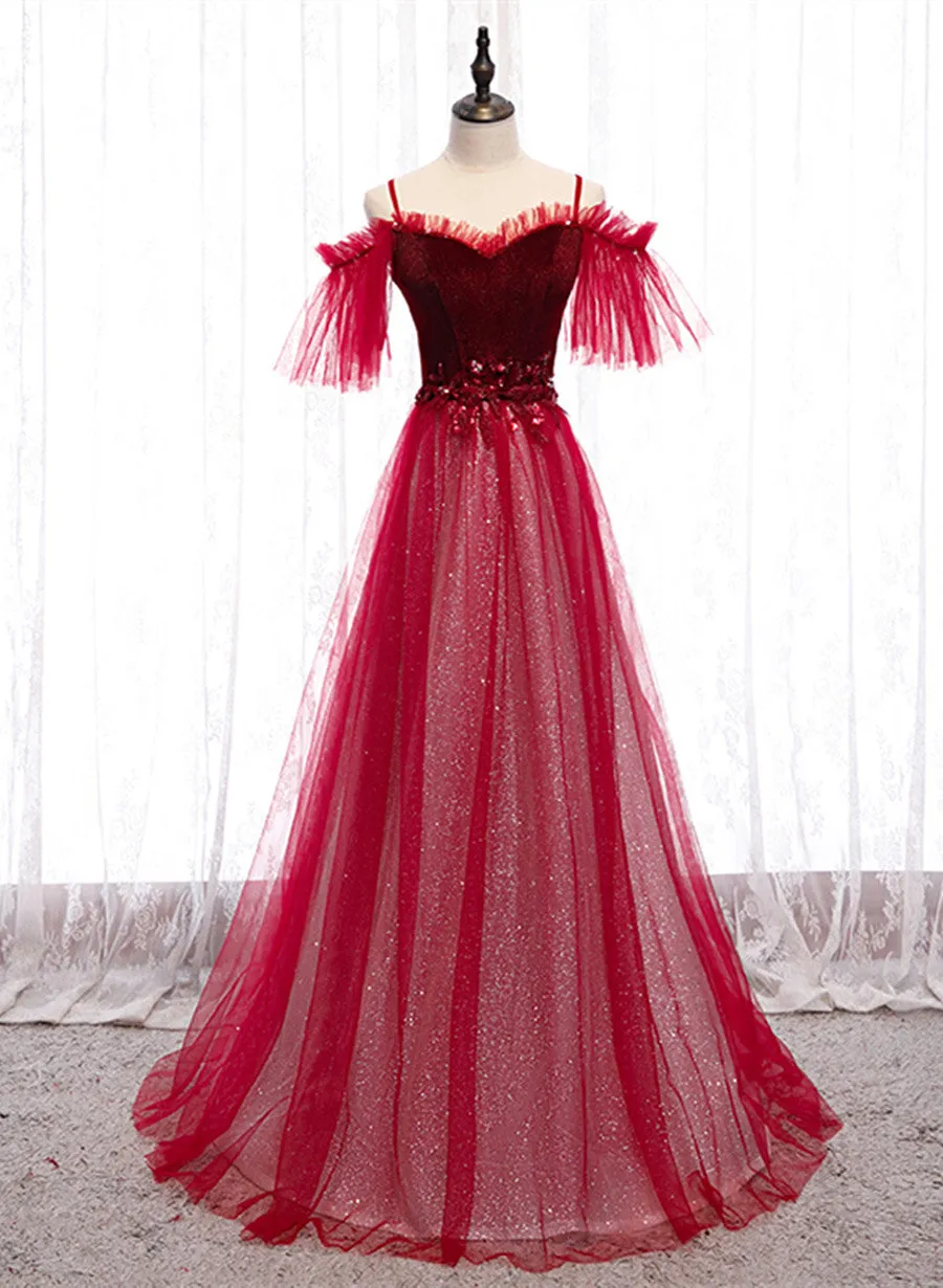 Red A-line Floor Length Off Shoulder Long Prom Dress, Red Long Evening Dress