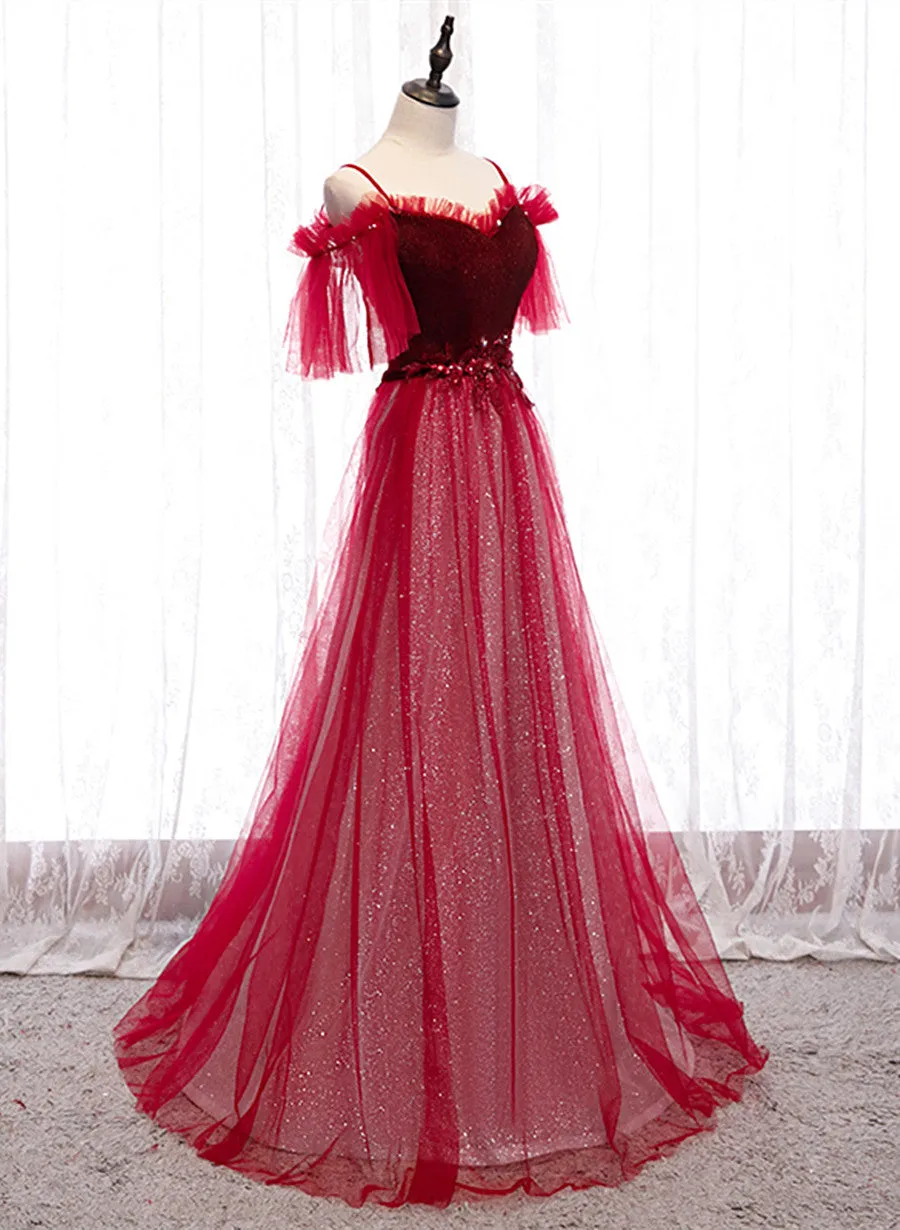 Red A-line Floor Length Off Shoulder Long Prom Dress, Red Long Evening Dress