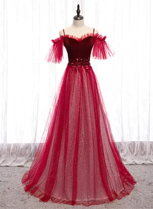Red A-line Floor Length Off Shoulder Long Prom Dress, Red Long Evening Dress