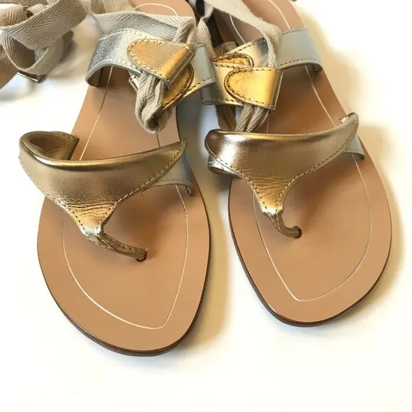 Sarah Flint Grear Gladiator Sandals Womens 37 7 Silver Gold Leather Lace Up