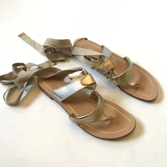 Sarah Flint Grear Gladiator Sandals Womens 37 7 Silver Gold Leather Lace Up