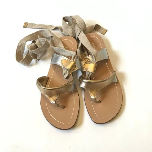 Sarah Flint Grear Gladiator Sandals Womens 37 7 Silver Gold Leather Lace Up