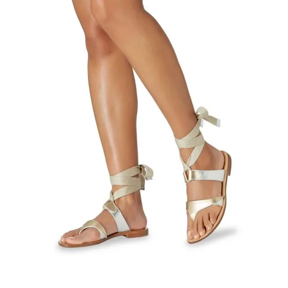 Sarah Flint Grear Gladiator Sandals Womens 37 7 Silver Gold Leather Lace Up