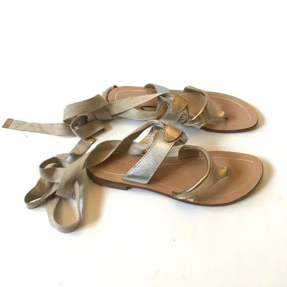 Sarah Flint Grear Gladiator Sandals Womens 37 7 Silver Gold Leather Lace Up