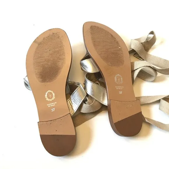 Sarah Flint Grear Gladiator Sandals Womens 37 7 Silver Gold Leather Lace Up