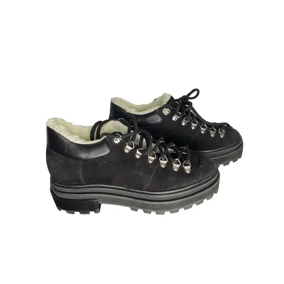 SCHUTZ Lucille Shearling Ankle Hiking Boots Women's Black Size 6B Lace Up Suede