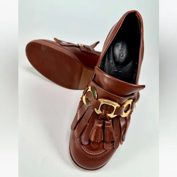 See By Chloé Brown ‘Lyvi’ Leather Pumps Fringed Tassel Detail