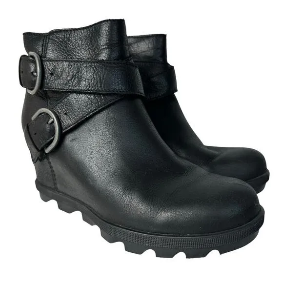 Sorel Boots Joan of Arctic Wedge II NL3360 Heel Buckle Ankle Leather Black 7