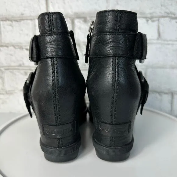 Sorel Boots Joan of Arctic Wedge II NL3360 Heel Buckle Ankle Leather Black 7