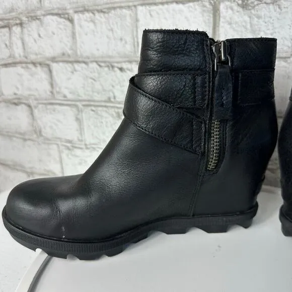 Sorel Boots Joan of Arctic Wedge II NL3360 Heel Buckle Ankle Leather Black 7
