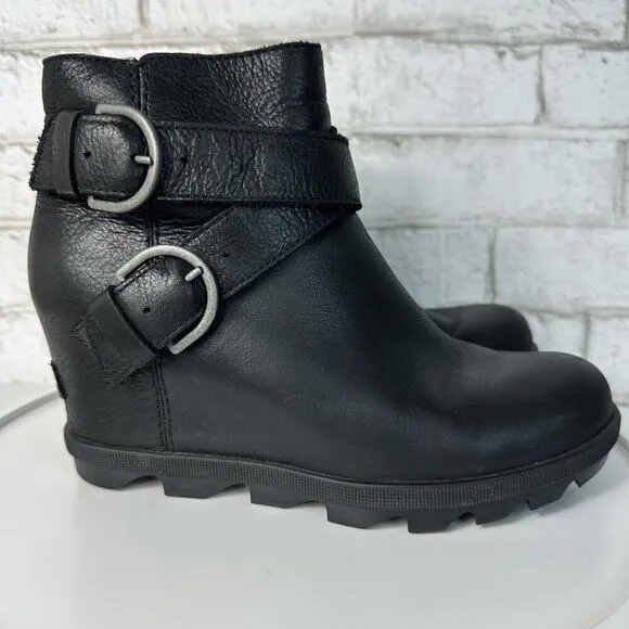 Sorel Boots Joan of Arctic Wedge II NL3360 Heel Buckle Ankle Leather Black 7