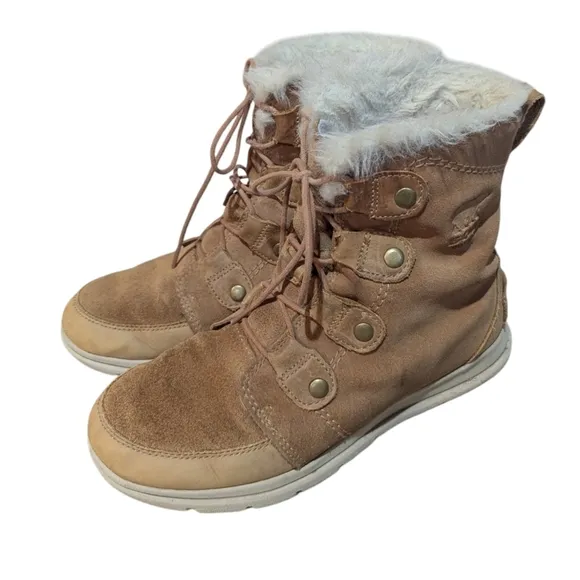 Sorel Explorer Joan Ash Brown Leather &amp; Suede Ankle Boots Size 7 Winter Snow