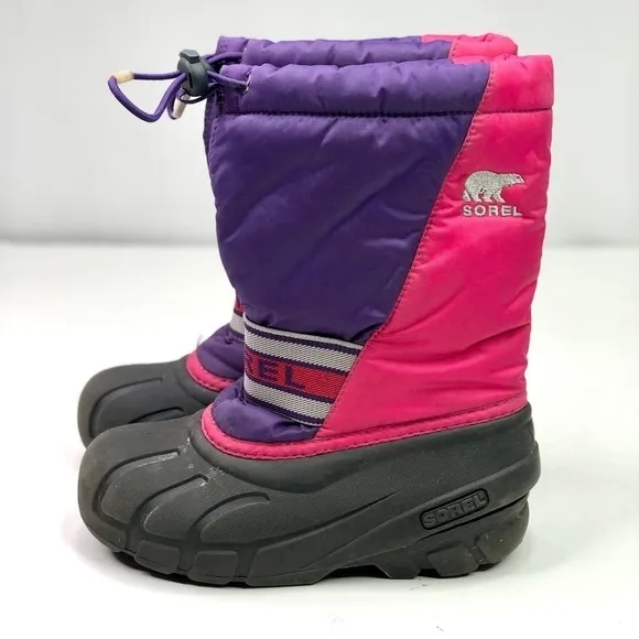 Sorel Flurry snow boots pink purple black rubber nylon drawstring top size 13