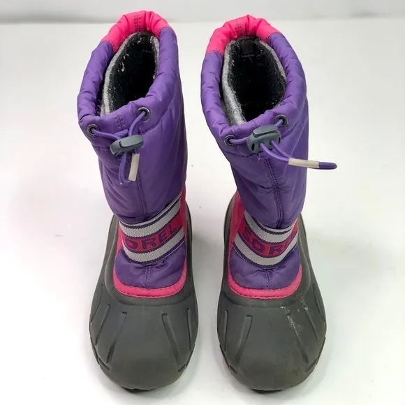 Sorel Flurry snow boots pink purple black rubber nylon drawstring top size 13