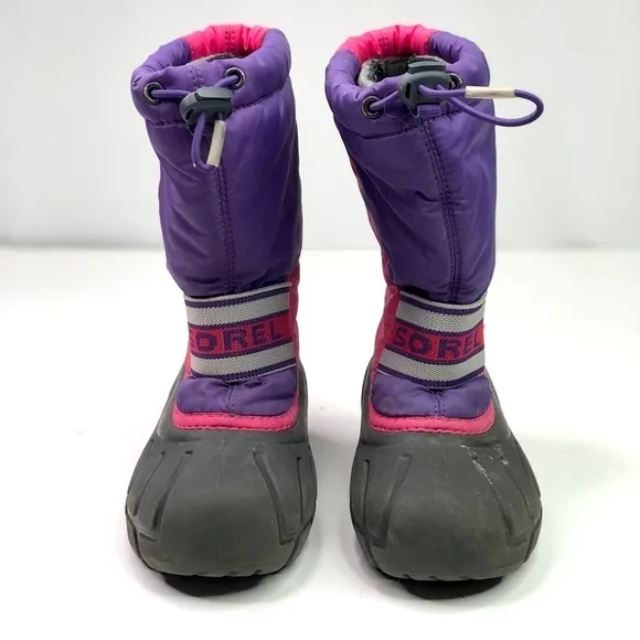 Sorel Flurry snow boots pink purple black rubber nylon drawstring top size 13