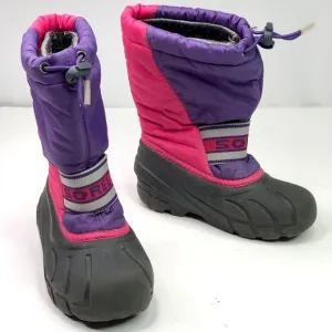 Sorel Flurry snow boots pink purple black rubber nylon drawstring top size 13