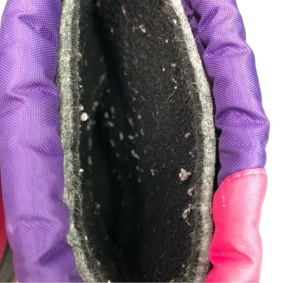 Sorel Flurry snow boots pink purple black rubber nylon drawstring top size 13