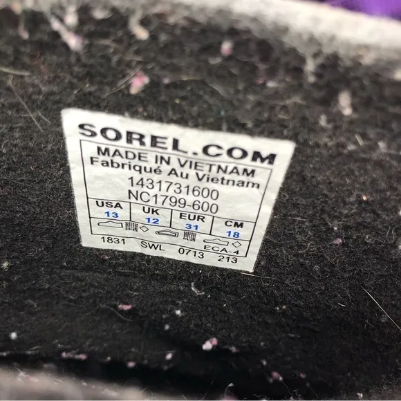 Sorel Flurry snow boots pink purple black rubber nylon drawstring top size 13