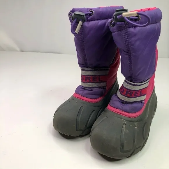 Sorel Flurry snow boots pink purple black rubber nylon drawstring top size 13