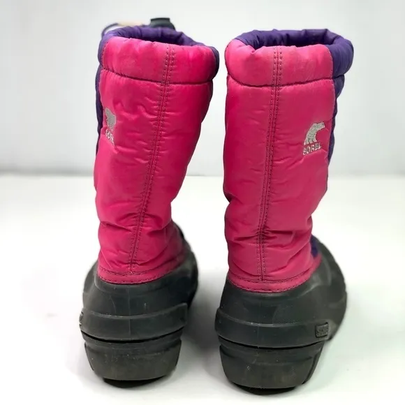 Sorel Flurry snow boots pink purple black rubber nylon drawstring top size 13