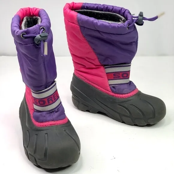 Sorel Flurry snow boots pink purple black rubber nylon drawstring top size 13