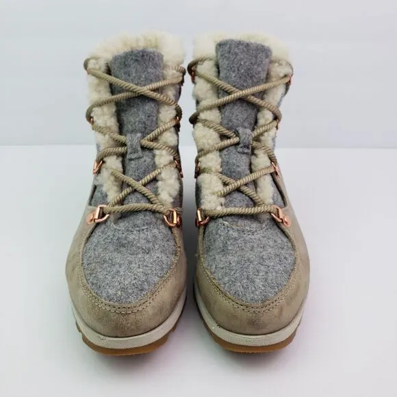 Sorel Sneakchic Alpine Womens Size 7.5 Beige Gray Leather Sherpa Snow Boots