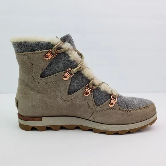 Sorel Sneakchic Alpine Womens Size 7.5 Beige Gray Leather Sherpa Snow Boots