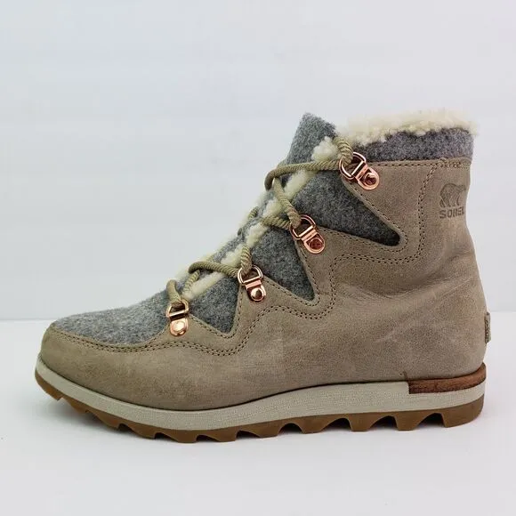 Sorel Sneakchic Alpine Womens Size 7.5 Beige Gray Leather Sherpa Snow Boots