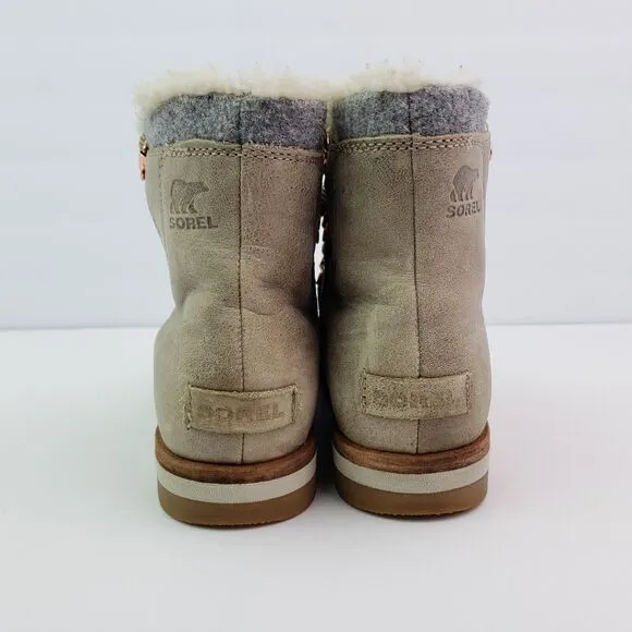 Sorel Sneakchic Alpine Womens Size 7.5 Beige Gray Leather Sherpa Snow Boots