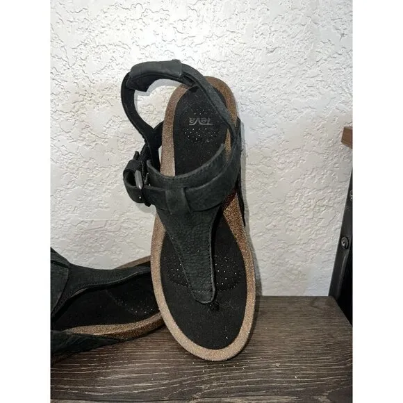 Teva Women’s Mahonia Wedge Cross Strap Leather Sandals Black Size 7 NEW