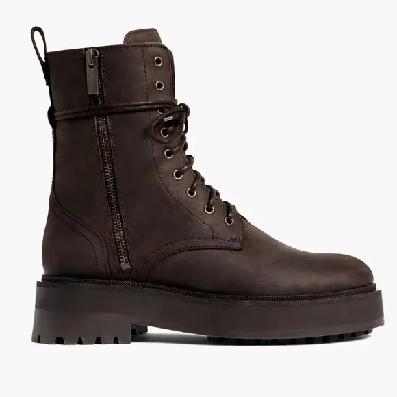 Thursday Quest Leather Combat Moto Boots Dark Chocolate Zip Side Platform Sole
