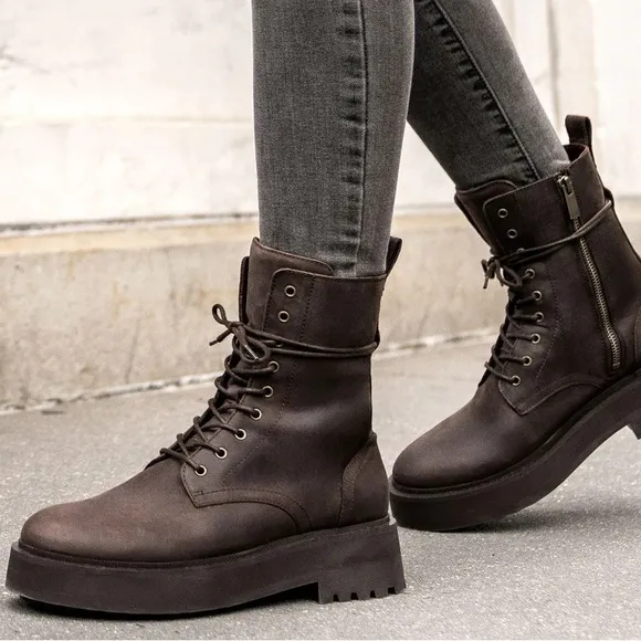 Thursday Quest Leather Combat Moto Boots Dark Chocolate Zip Side Platform Sole