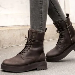 Thursday Quest Leather Combat Moto Boots Dark Chocolate Zip Side Platform Sole