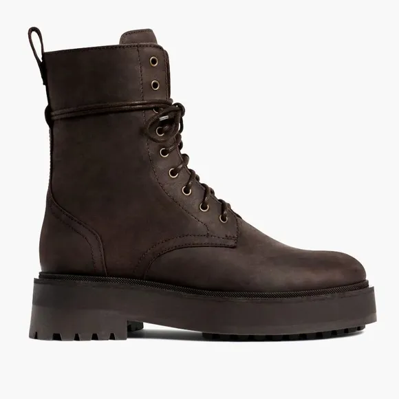 Thursday Quest Leather Combat Moto Boots Dark Chocolate Zip Side Platform Sole