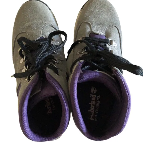 Timberland Hiking Boots Gray Suede Leather Purple Youth Size 5 4991R