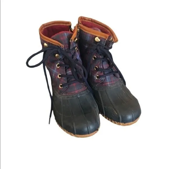 Tommy Hilfiger Roan 7 Preppy Duck Boots Leather Flannel Plaid Lace Up Rain Snow