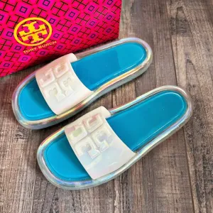 TORY BURCH Bubble Jelly Sandals Slides Size 9 Iridescent Tuscan Sea w/ Box
