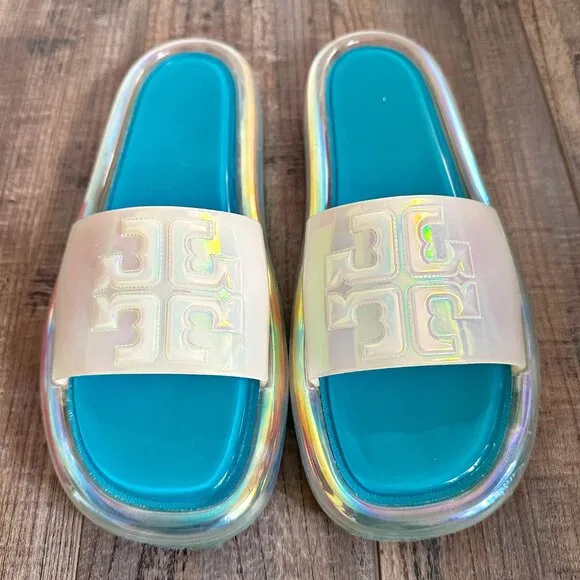 TORY BURCH Bubble Jelly Sandals Slides Size 9 Iridescent Tuscan Sea w/ Box