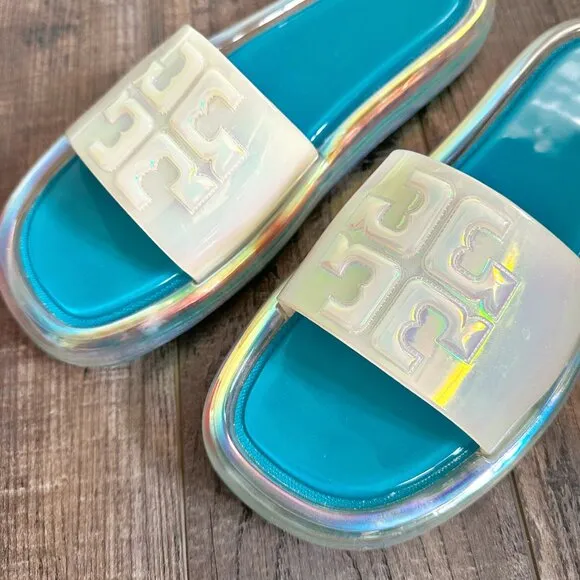 TORY BURCH Bubble Jelly Sandals Slides Size 9 Iridescent Tuscan Sea w/ Box